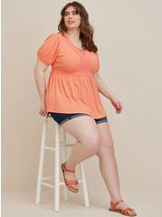 Babydoll Textured Knit Strappy Short Sleeve Top, CORAL, hi-res