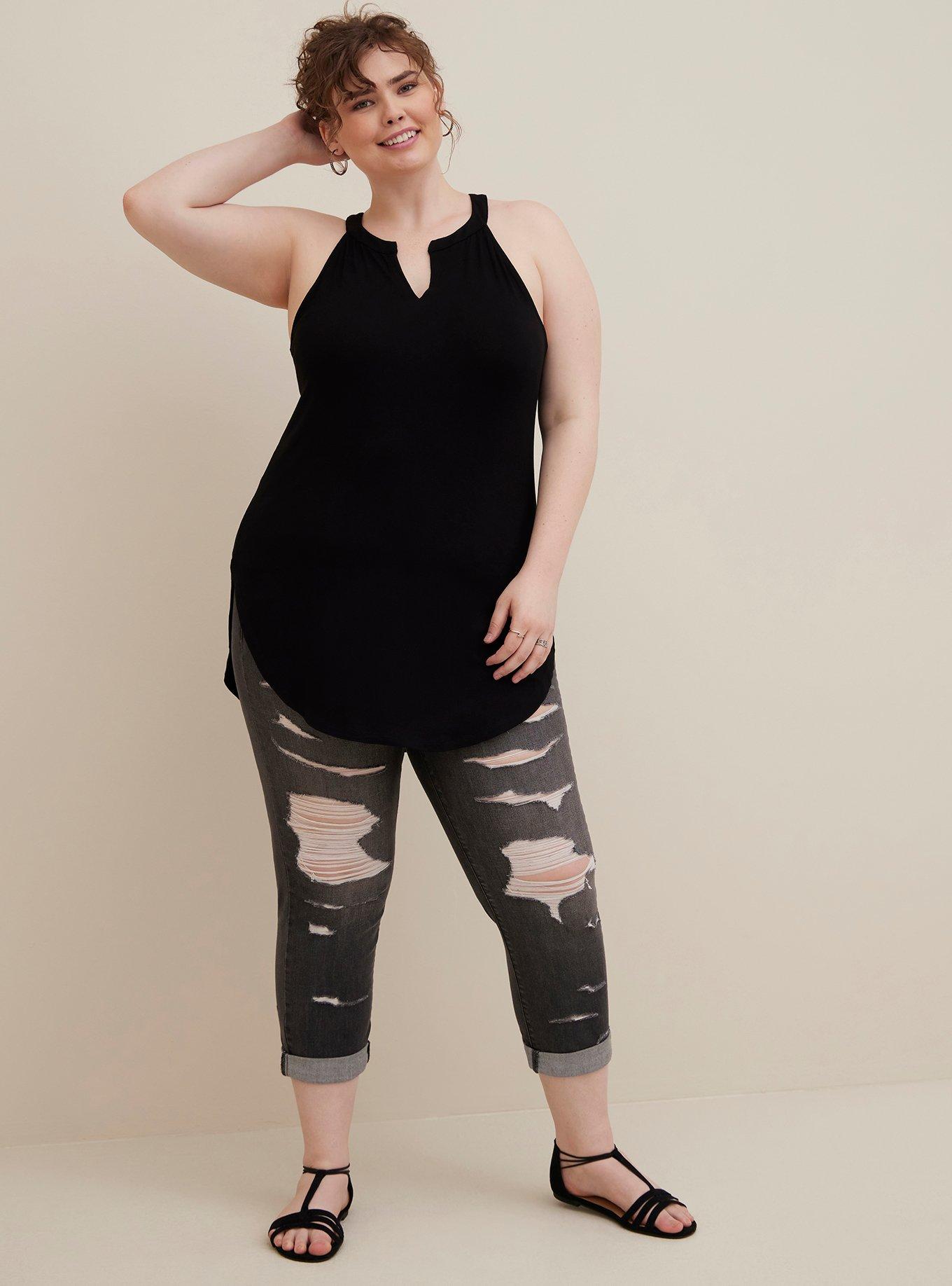 Plus Size High Split Neck Favorite Tunic - Super Soft Heather Grey, DEEP BLACK, alternate