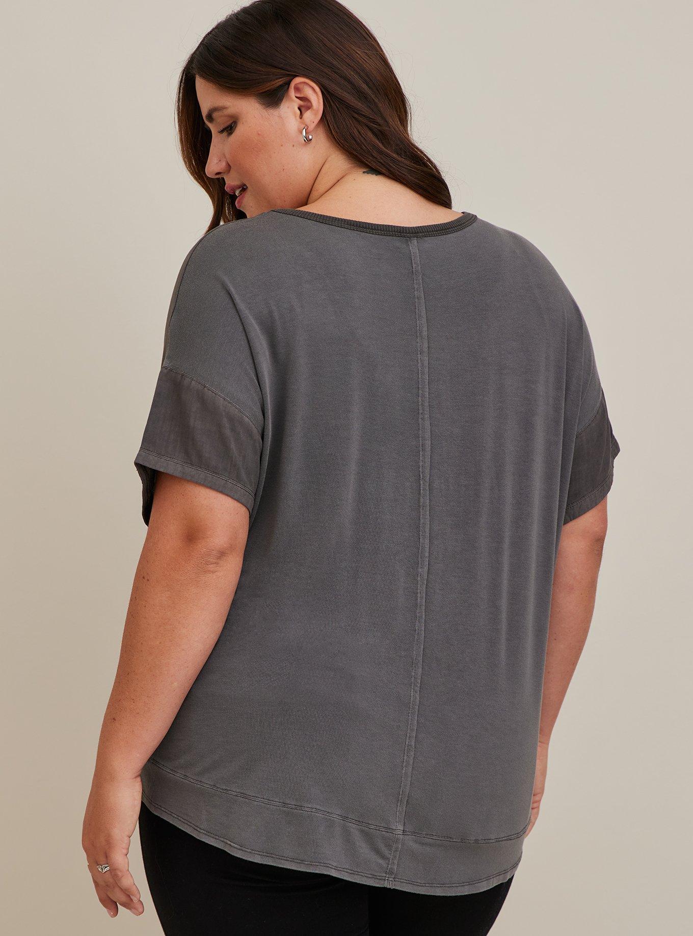 Plus Size Challis Mixed With Knit Drop Shoulder Top, DARK GREY, alternate