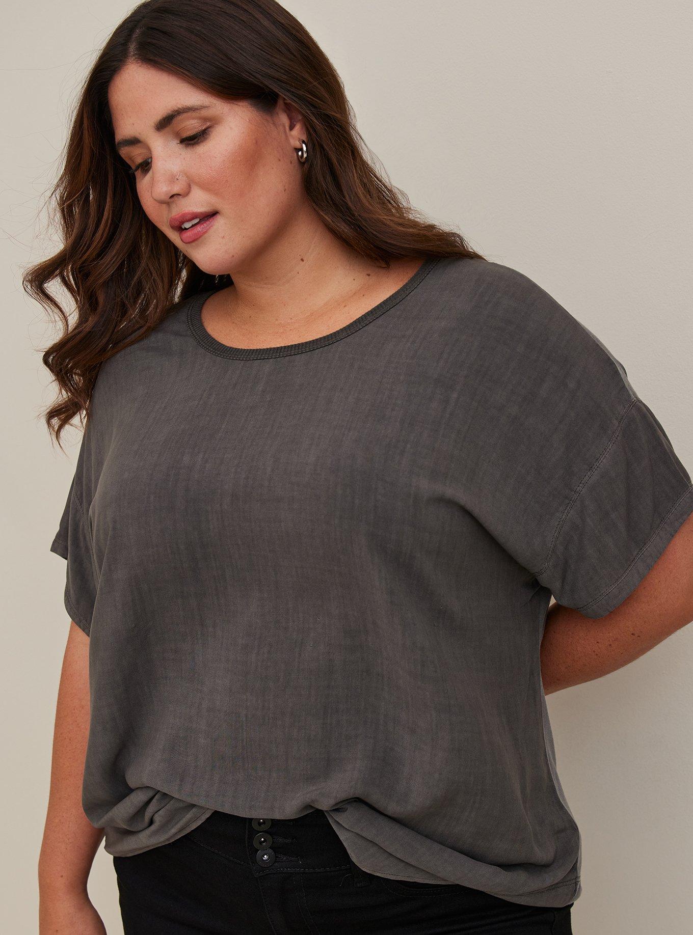 Plus Size Challis Mixed With Knit Drop Shoulder Top, DARK GREY, alternate