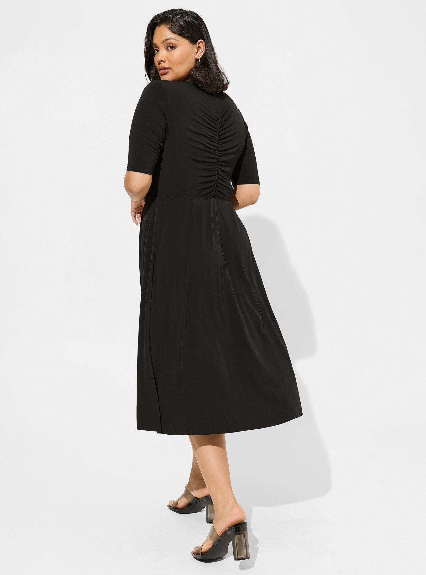 Plus Size Midi Studio Knit Ruched Front Dress, DEEP BLACK, alternate