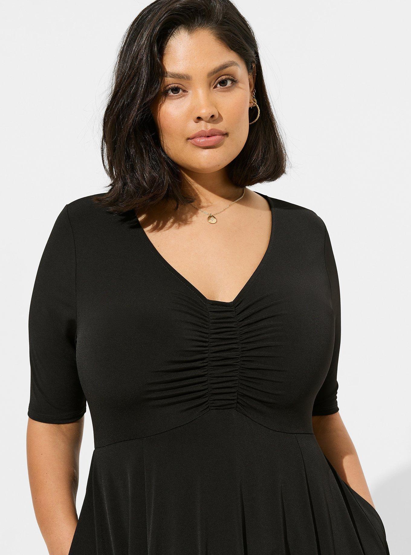 Plus Size Midi Studio Knit Ruched Front Dress, DEEP BLACK, alternate