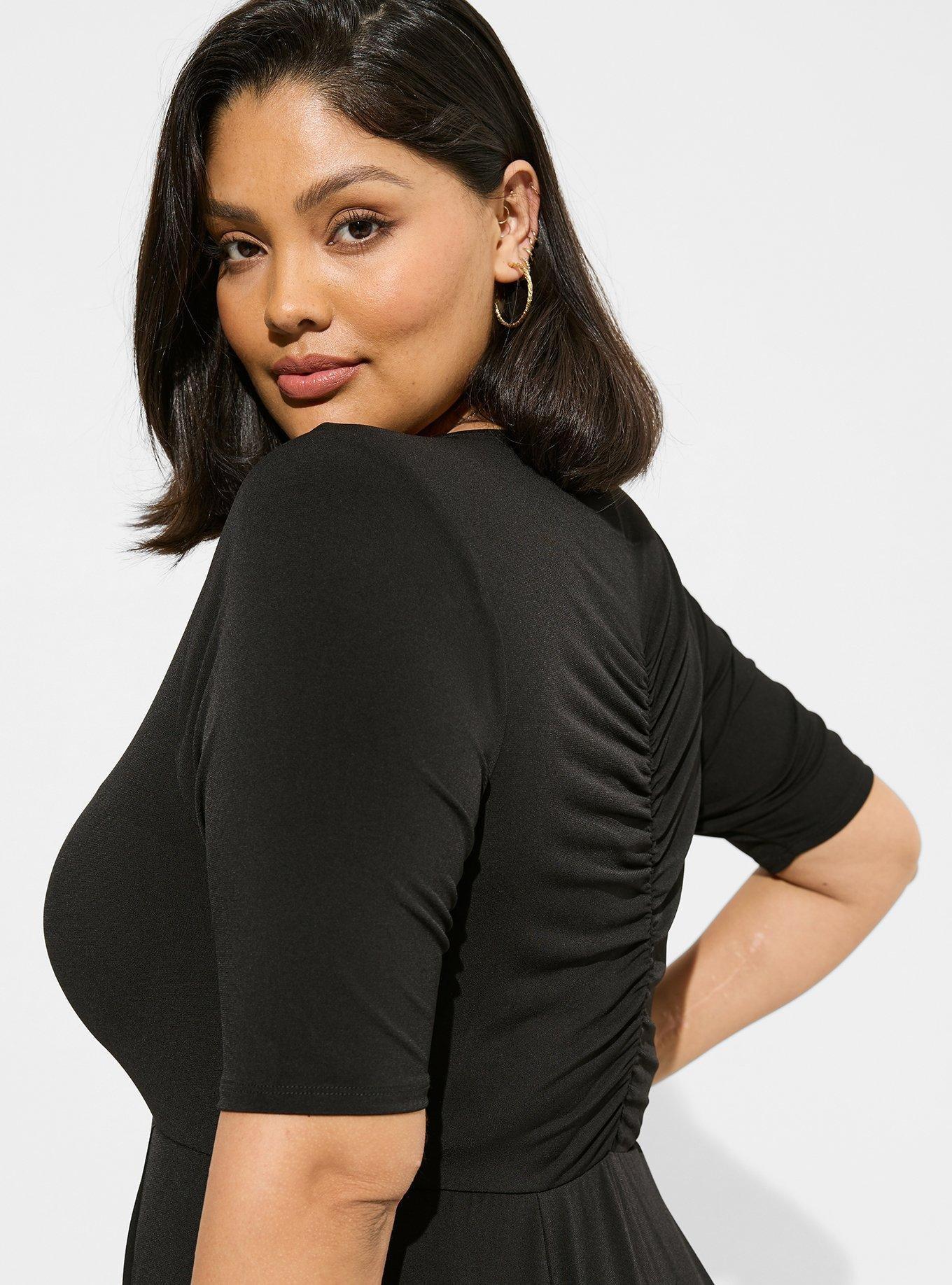Plus Size Midi Studio Knit Ruched Front Dress, DEEP BLACK, alternate
