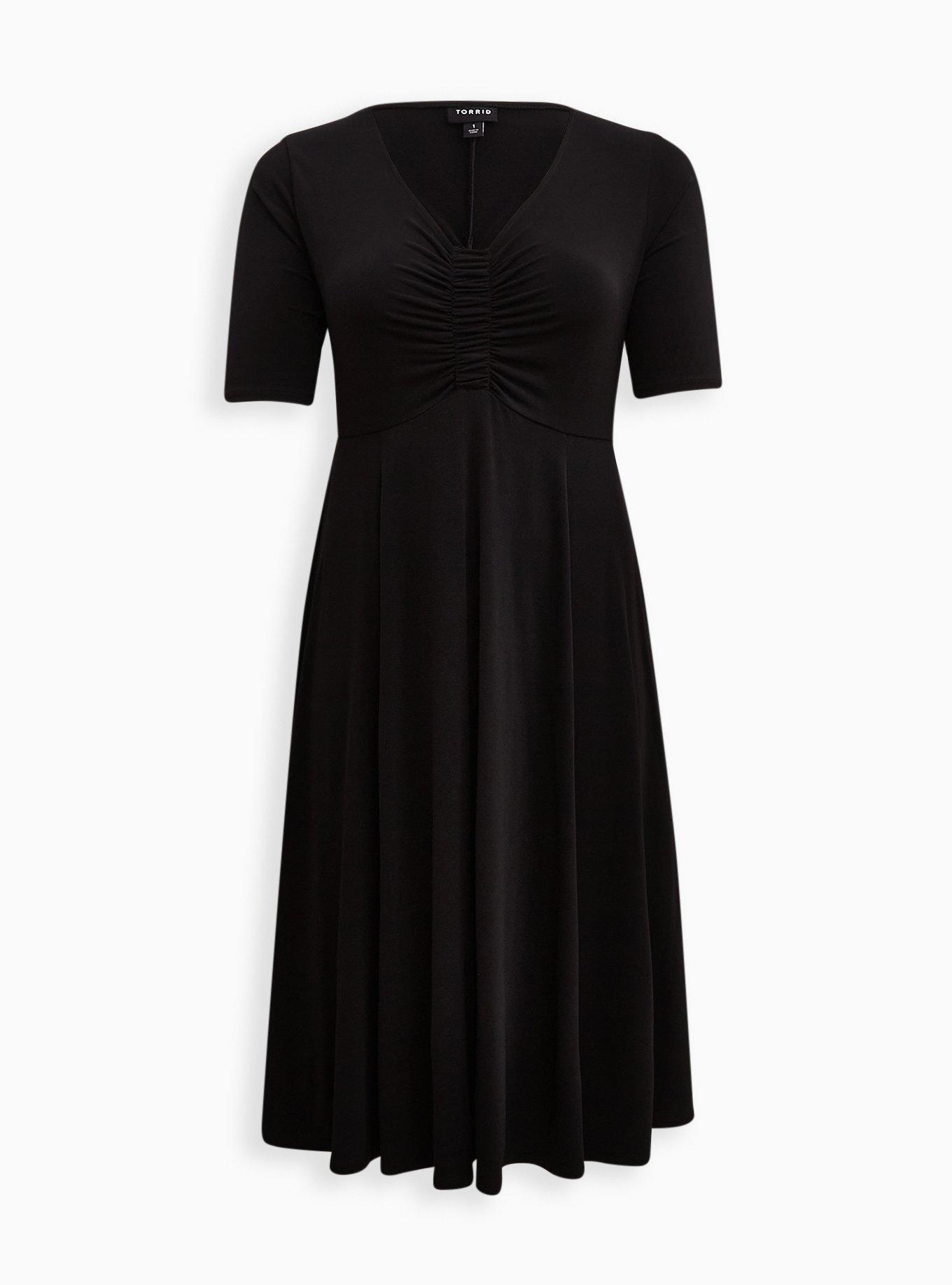 Plus Size Midi Studio Knit Ruched Front Dress, DEEP BLACK, hi-res