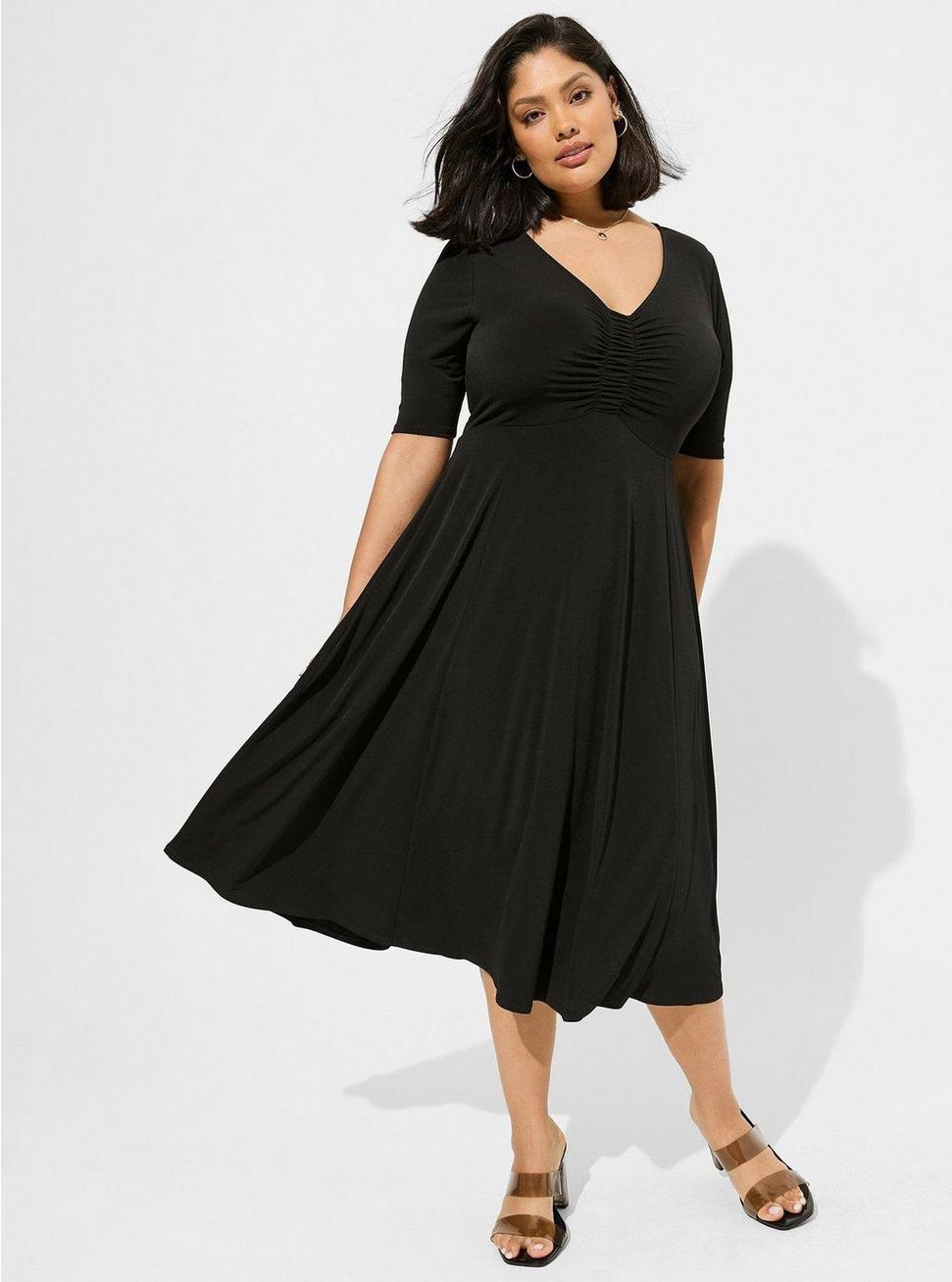 Midi Studio Knit Ruched Front Dress, DEEP BLACK, hi-res