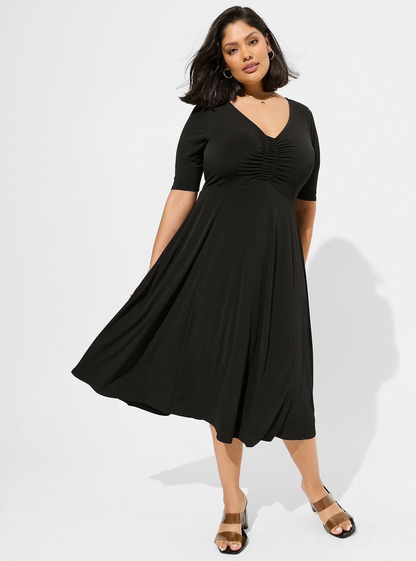 Plus Size Midi Studio Knit Ruched Front Dress, DEEP BLACK, hi-res