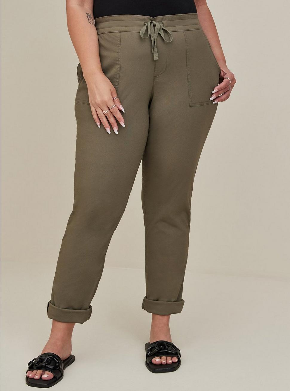 Pull-On Straight Stretch Poplin Mid-Rise Tie-Front Pant, DUSTY OLIVE, alternate