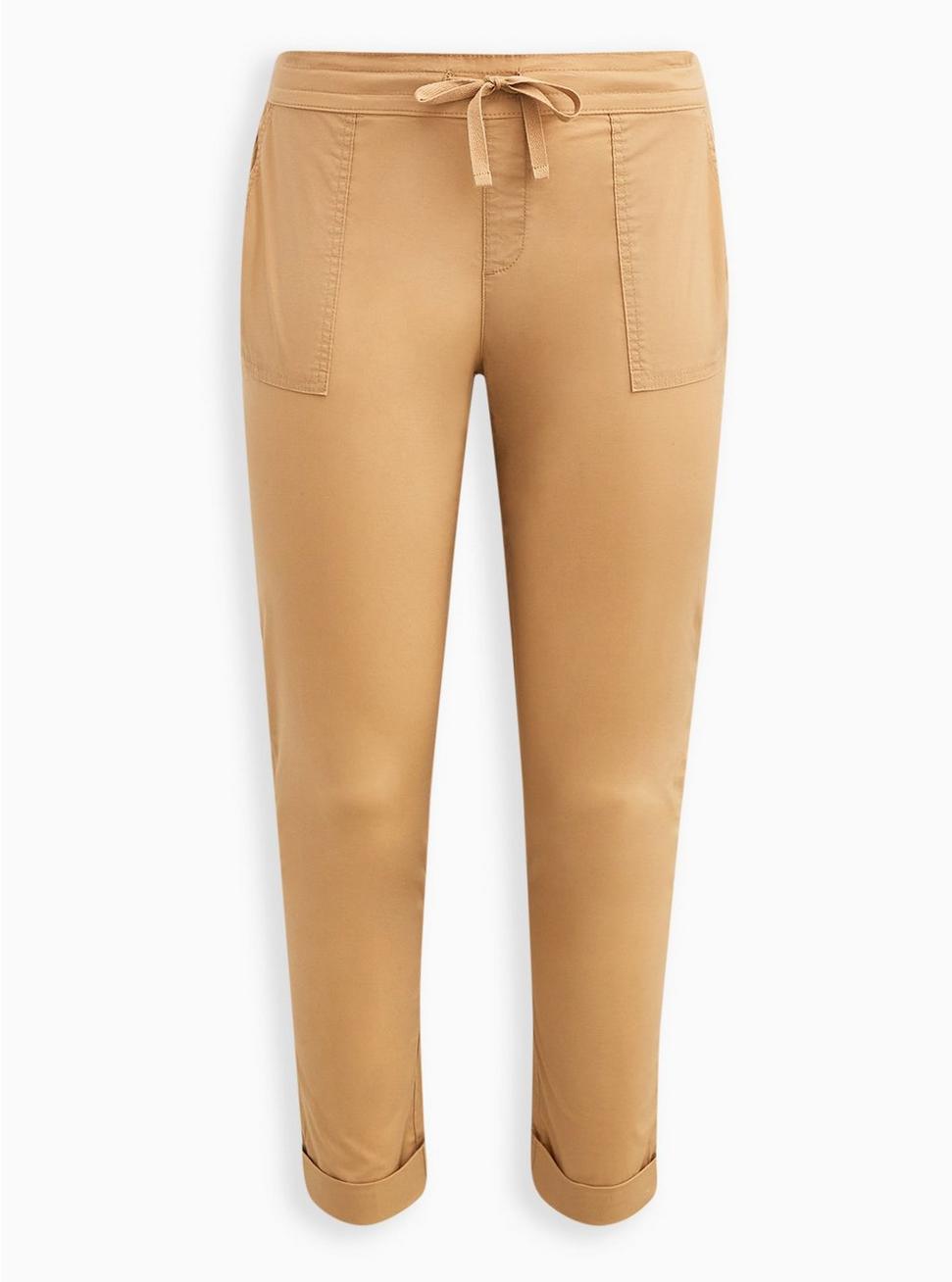 Plus Size Pull-On Straight Stretch Poplin Mid-Rise Tie-Front Pant, LIGHT BROWN, hi-res