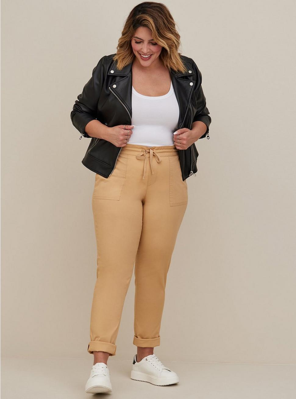 Plus Size Pull-On Straight Stretch Poplin Mid-Rise Tie-Front Pant, LIGHT BROWN, hi-res