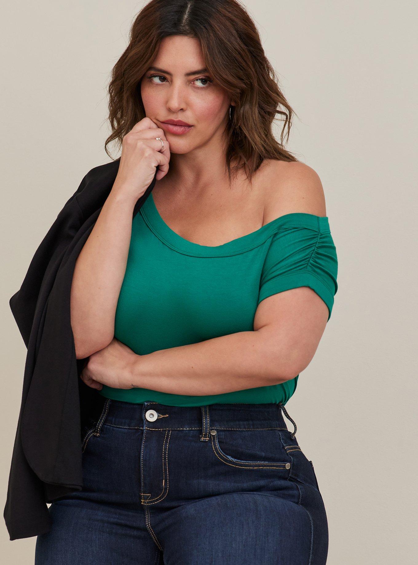 Super Soft Off-Shoulder Asymmetrical Sleeve Top, GREEN, alternate