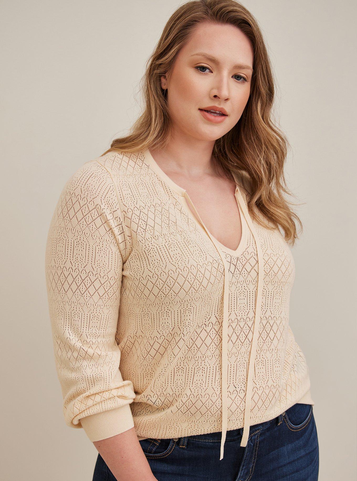 Pointelle Pullover Tie Neck Sweater