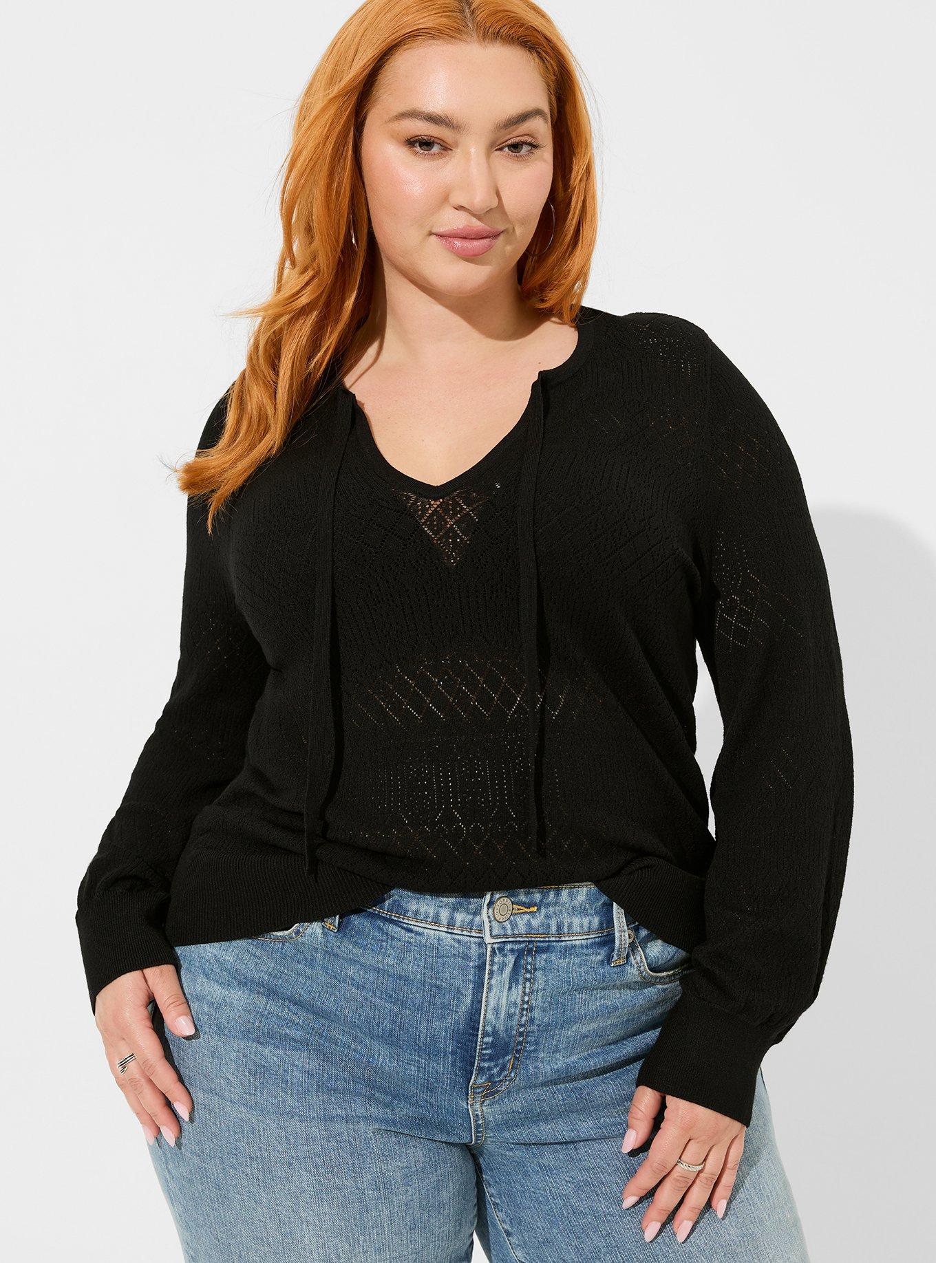 Plus Size - Pointelle Pullover Tie Neck Sweater - Torrid