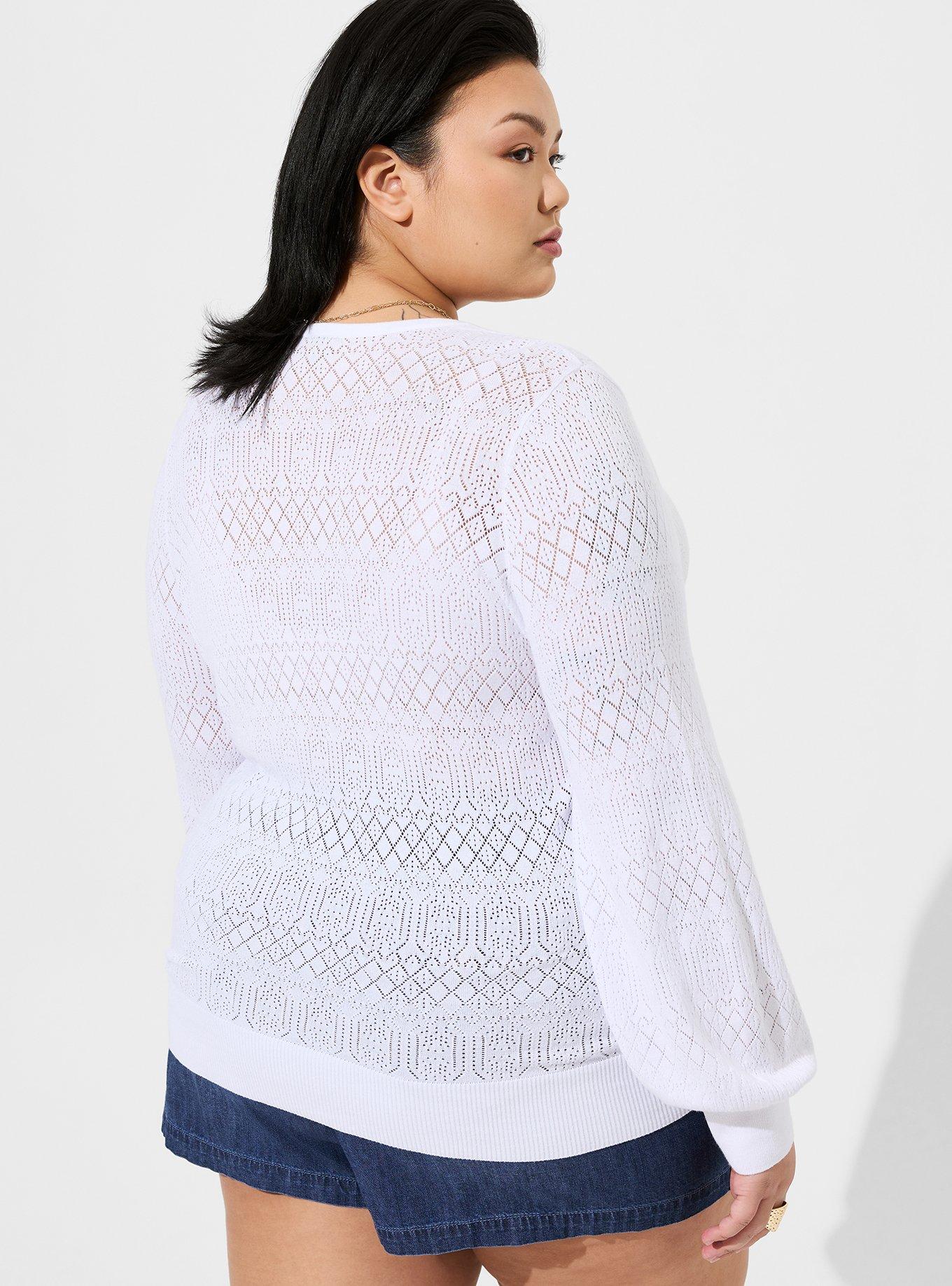 Tie Neck Pullover Sweater  - Pointelle Beige, BRIGHT WHITE, alternate