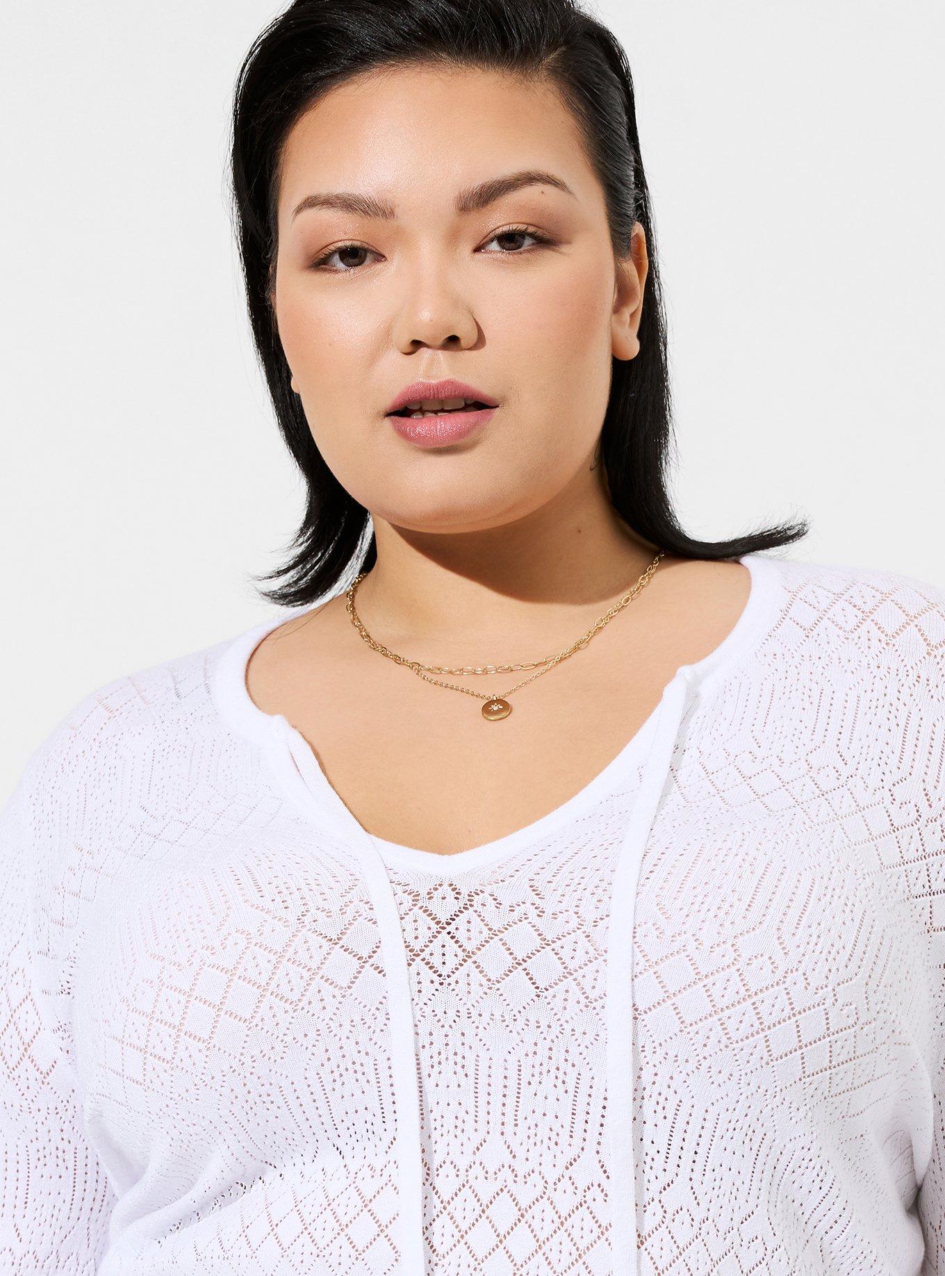 Tie Neck Pullover Sweater  - Pointelle Beige, BRIGHT WHITE, alternate