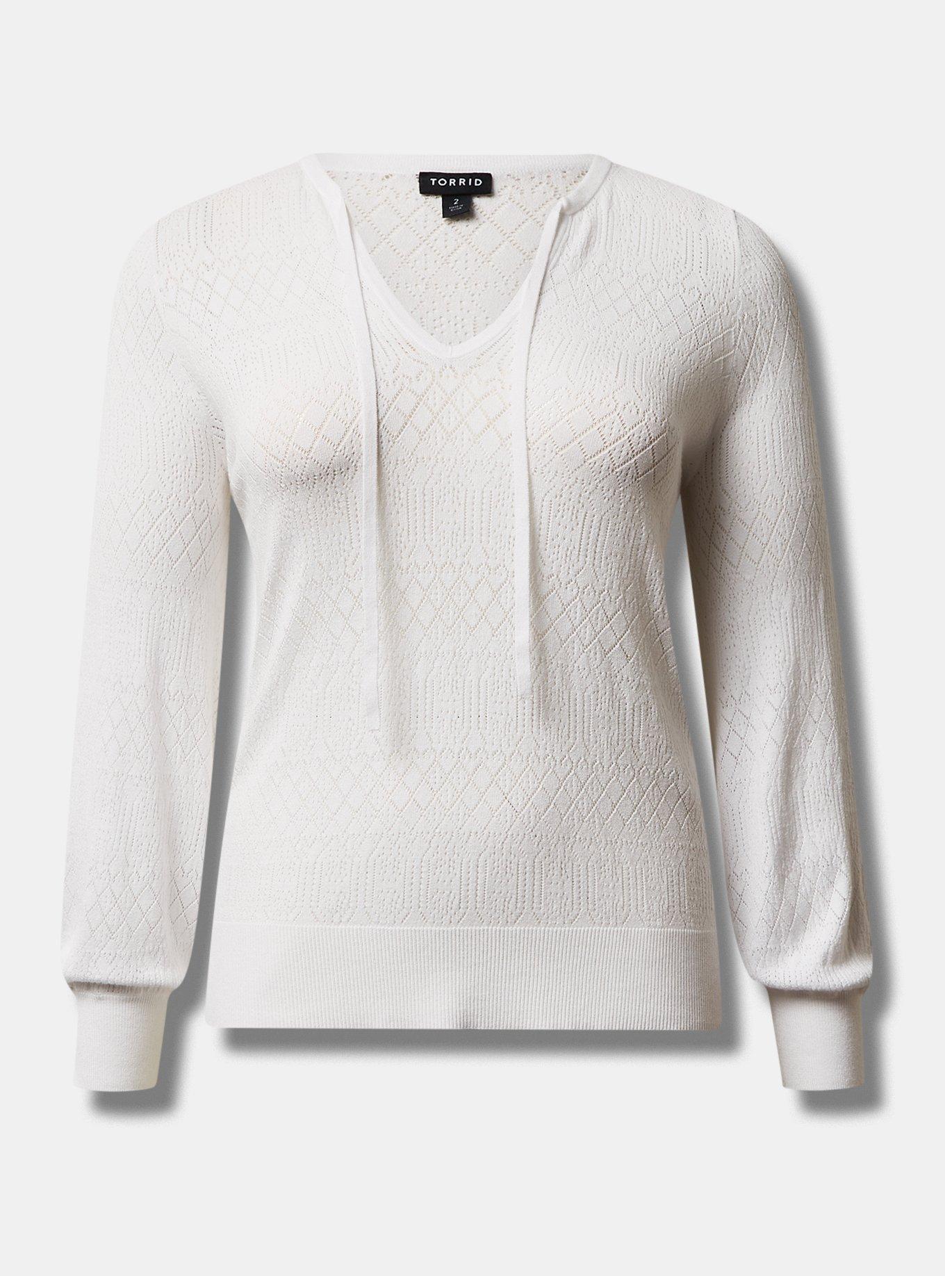 Tie Neck Pullover Sweater  - Pointelle Beige, BRIGHT WHITE, hi-res