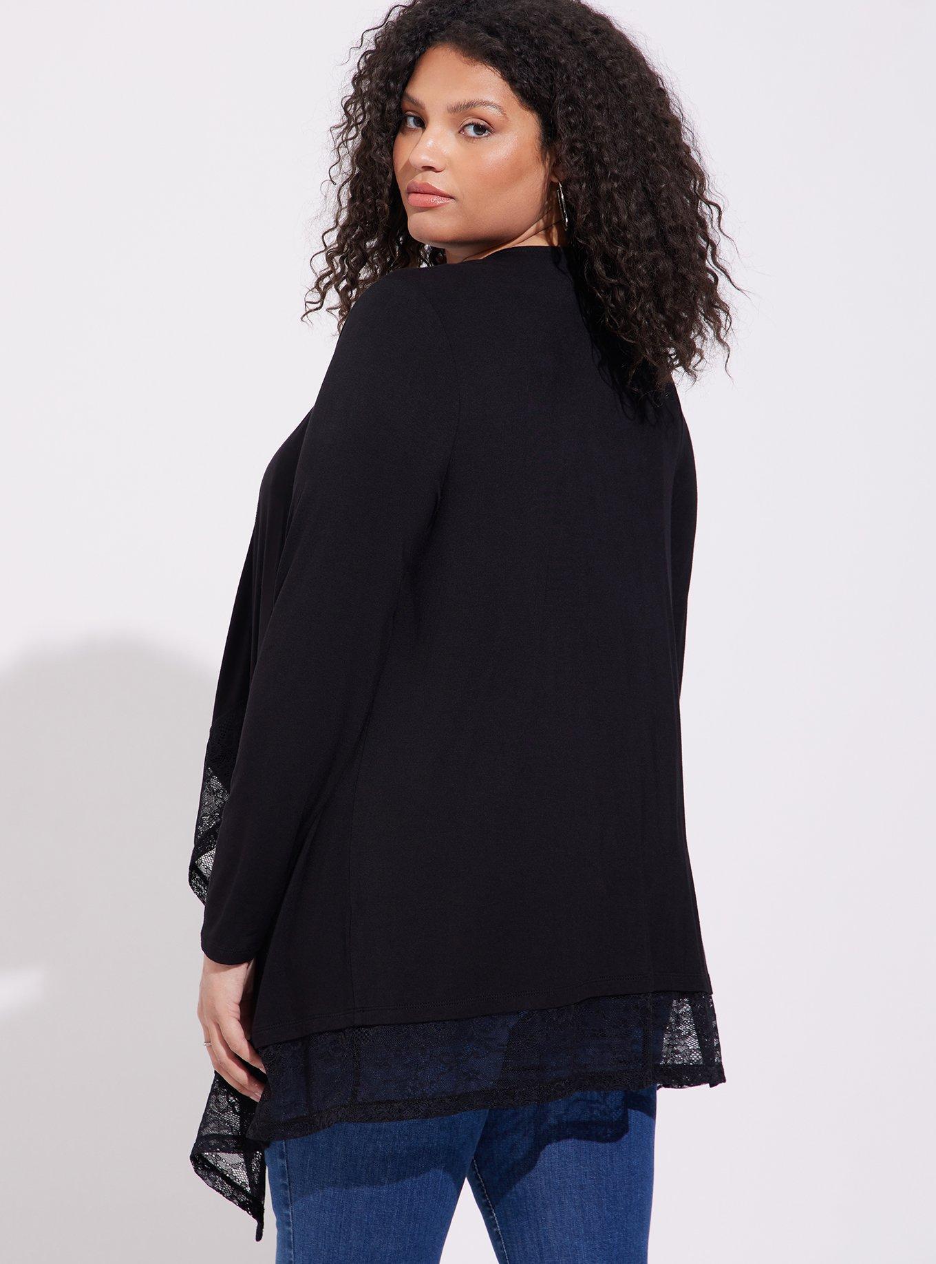Plus Size - Lace Trim Drape Front Cardigan - Super Soft Black - Torrid