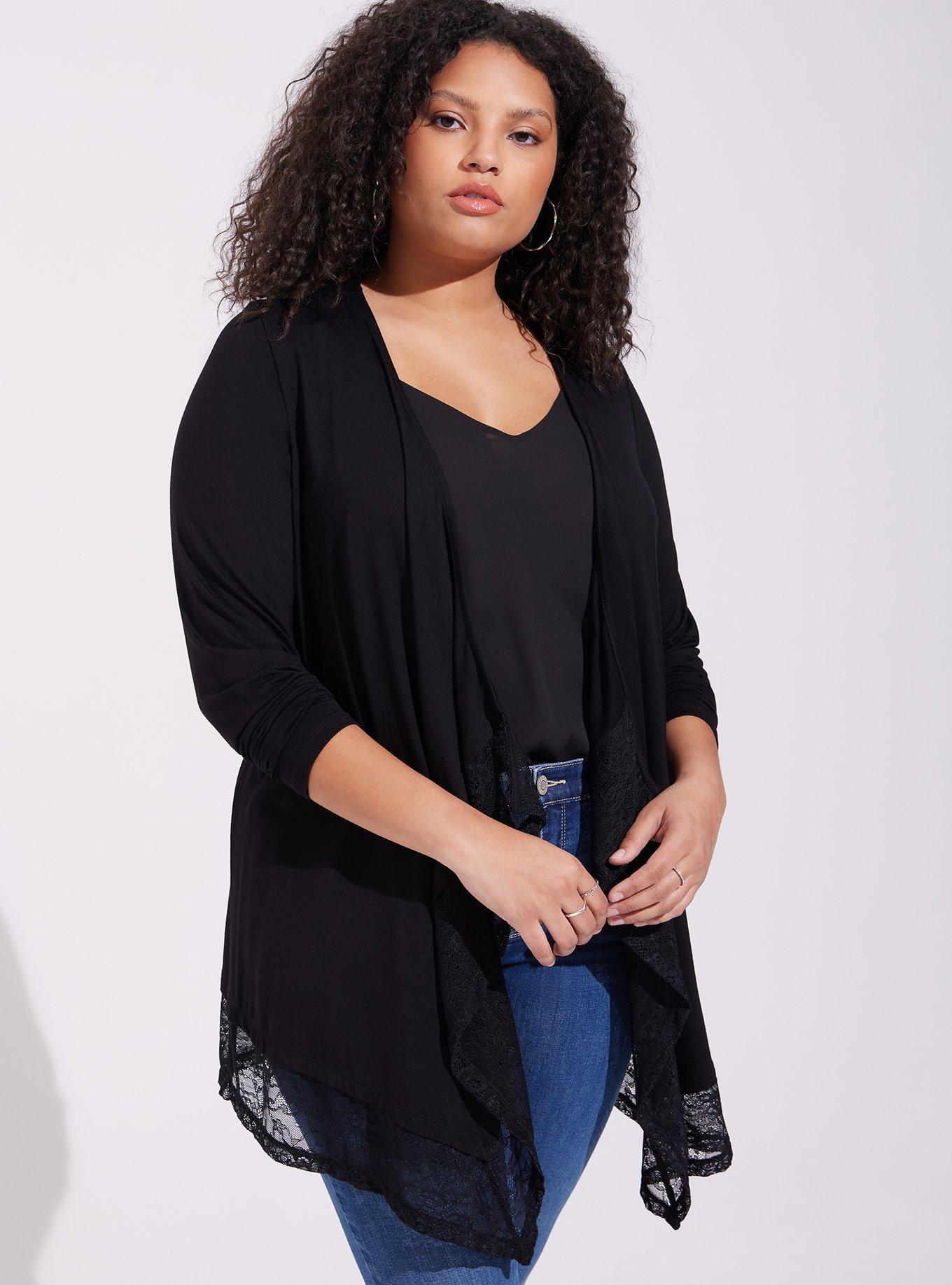 Plus Size - Lace Trim Drape Front Cardigan - Super Soft Black - Torrid