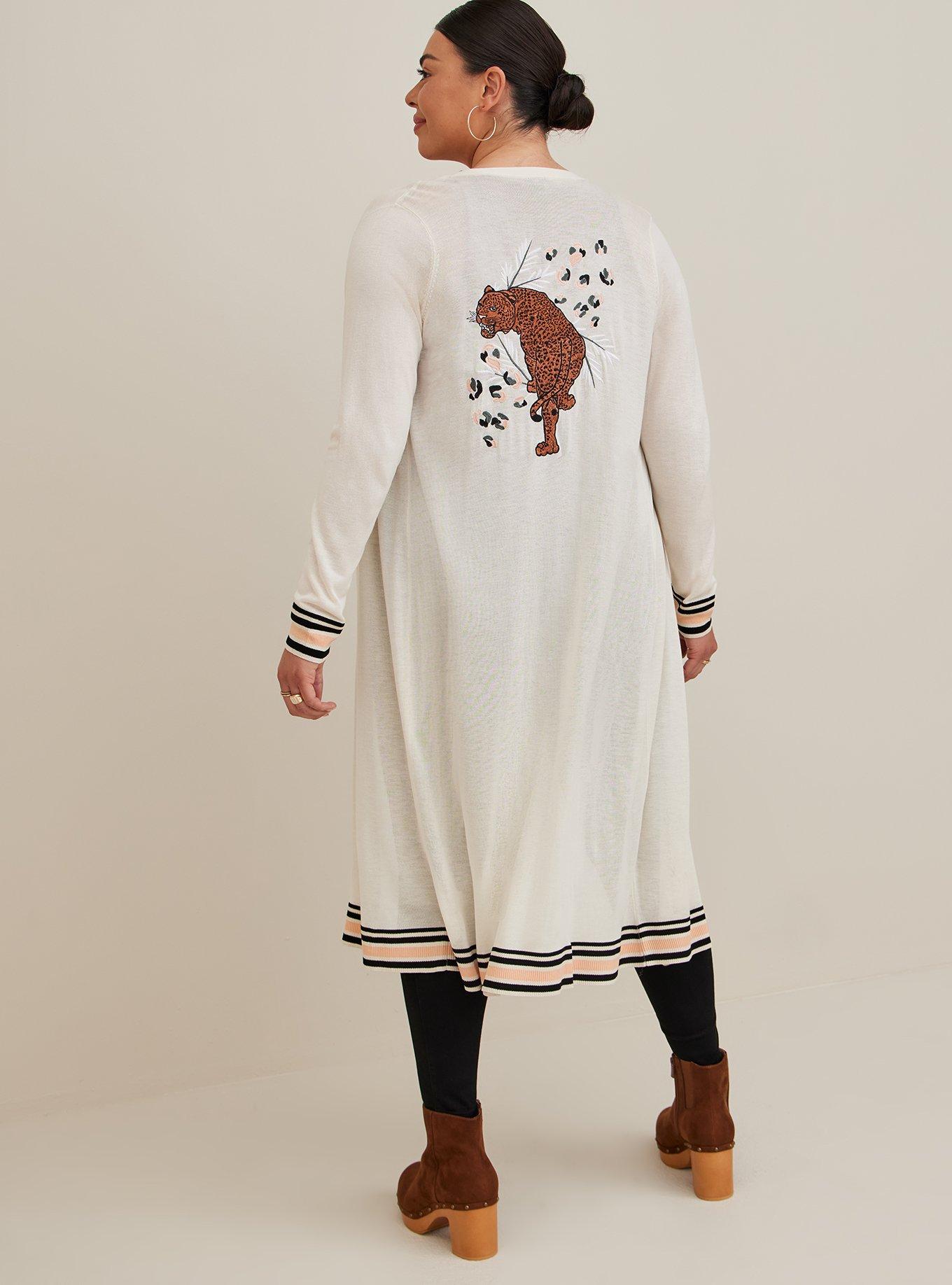 Plus Size Button Front Duster Cardigan - Embroidered Ivory, IVORY, alternate