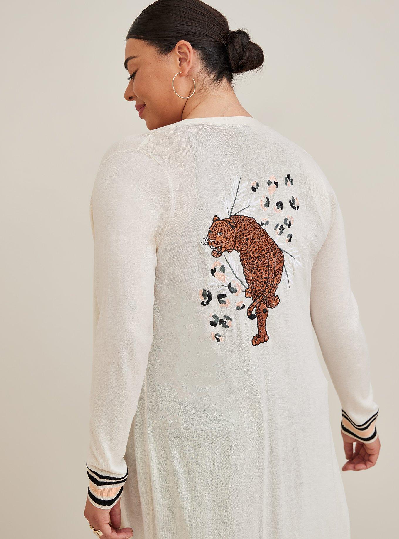 Plus Size Button Front Duster Cardigan - Embroidered Ivory, IVORY, alternate