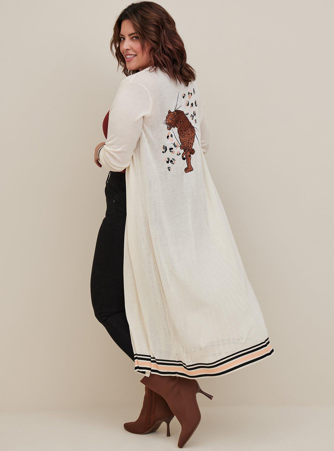 Plus Size Button Front Duster Cardigan - Embroidered Ivory, IVORY, hi-res