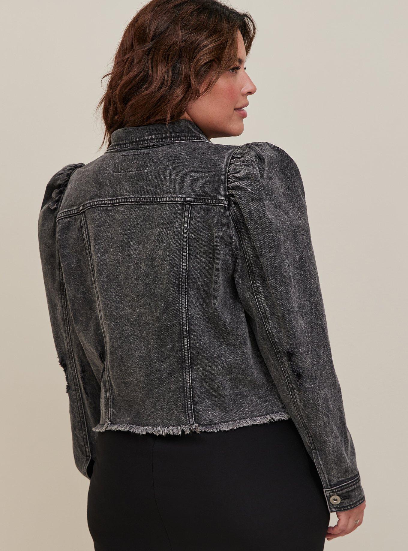 Final Sale Plus Size Denim Jacket with Balloon Sleeves in Black