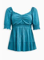 Eyelet Smocked Waist And Sleeve Sweetheart Top, BLUE, hi-res