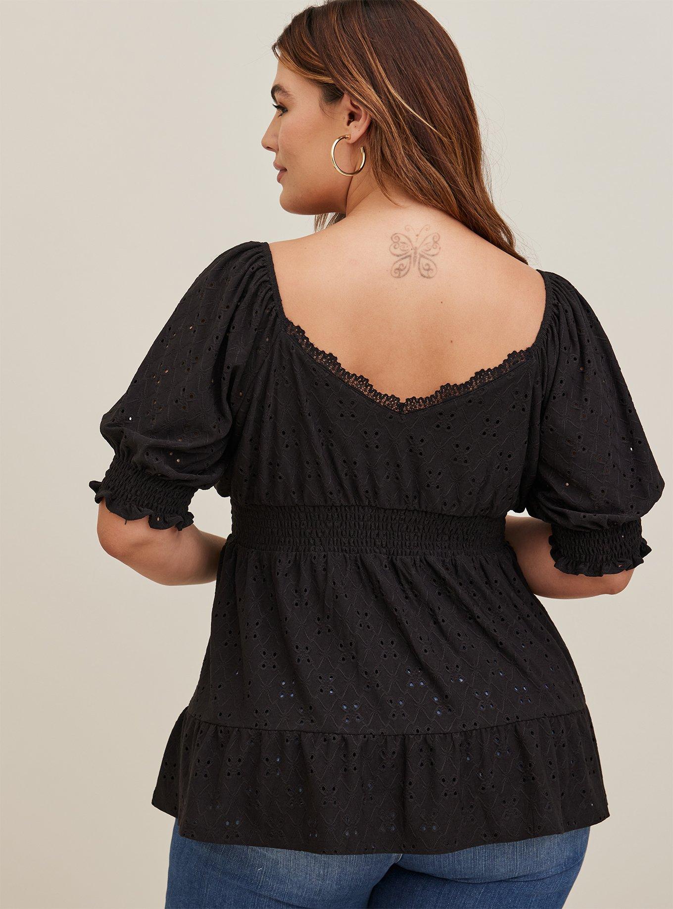 Plus Size - Eyelet Smocked Waist And Sleeve Sweetheart Top - Torrid