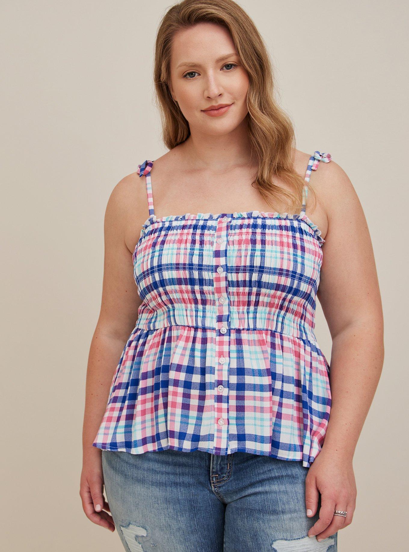 Plus Size - Peplum Smocked Bodice Cami - Crinkle Gauze Plaid White