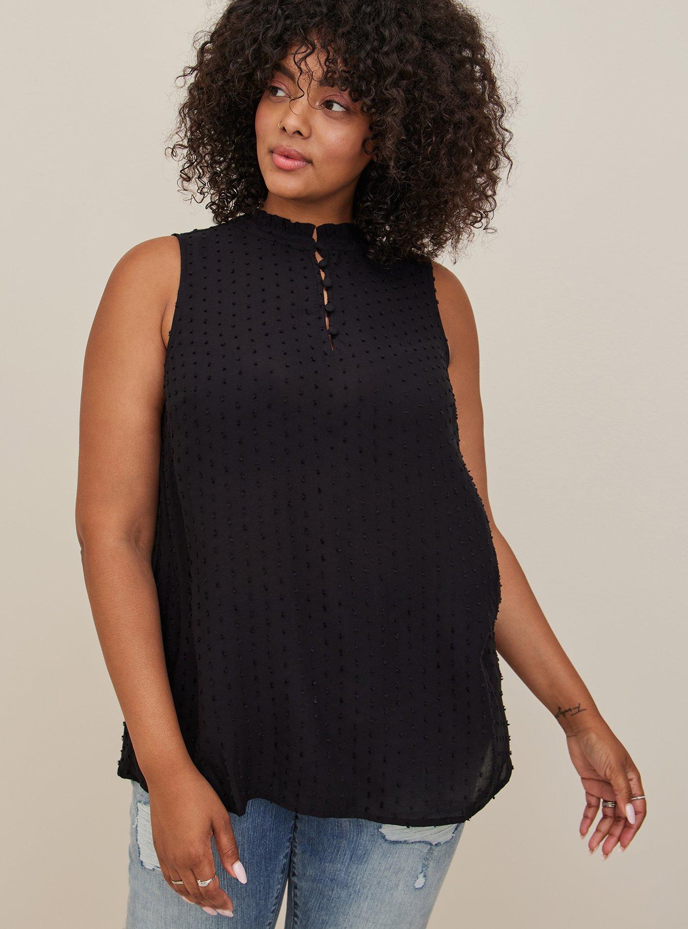 Plus Size - Ruffled Mock Neck Top - Challis Swiss Dot Black - Torrid
