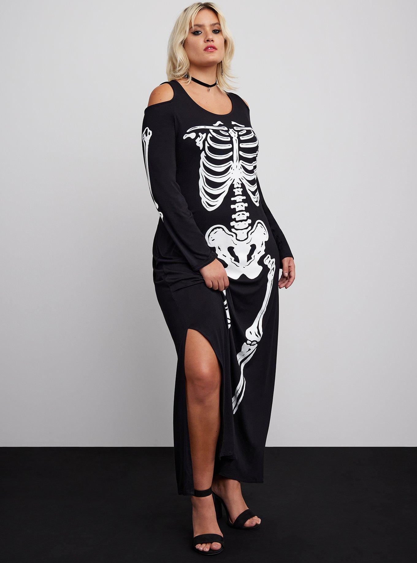 Halloween Costume Skeleton Maxi Super Soft Cold Shoulder Dress, , hi-res