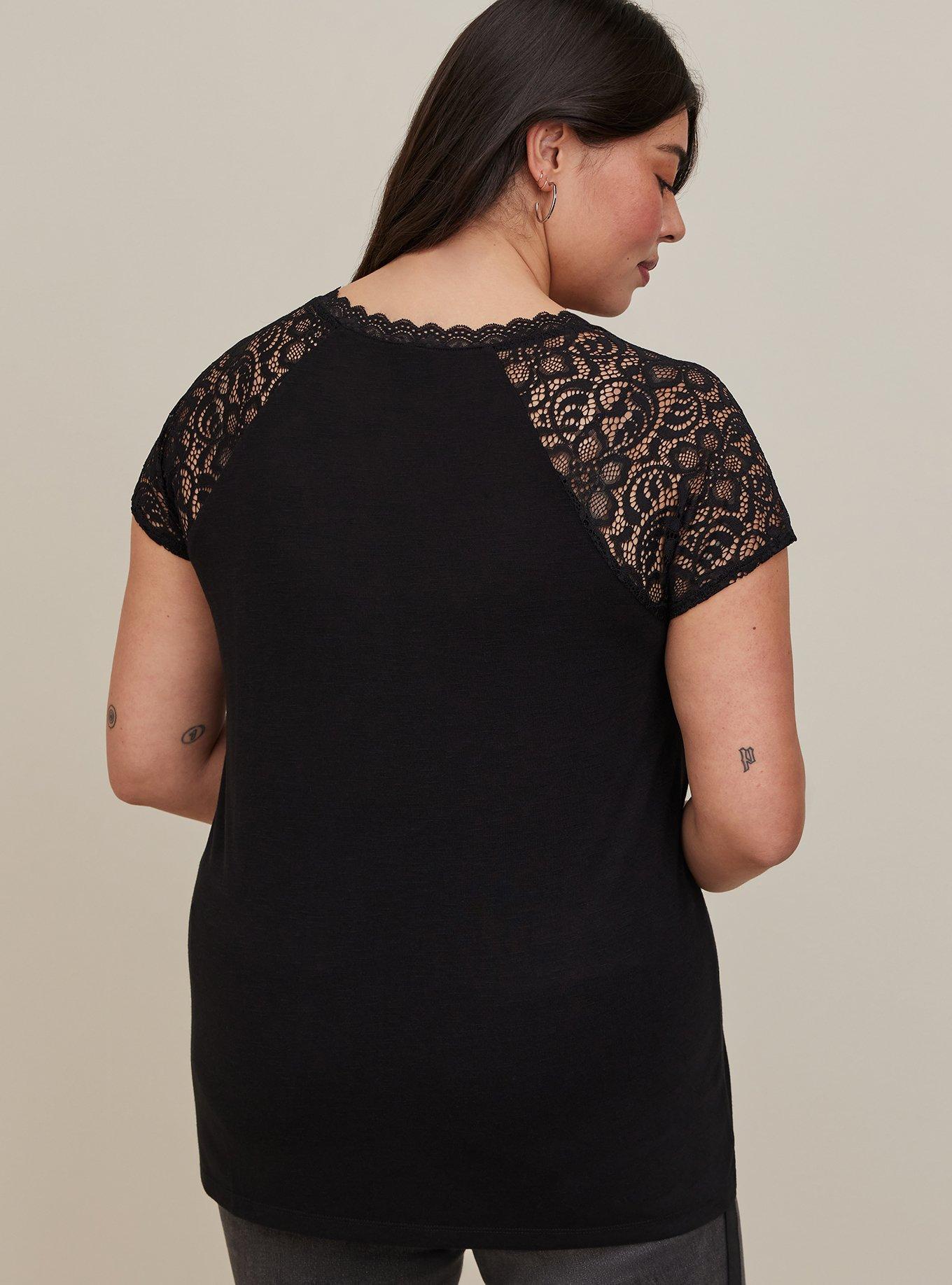 Feather Soft Slub V-Neck Raglan Lace Sleeve Tee, DEEP BLACK, alternate