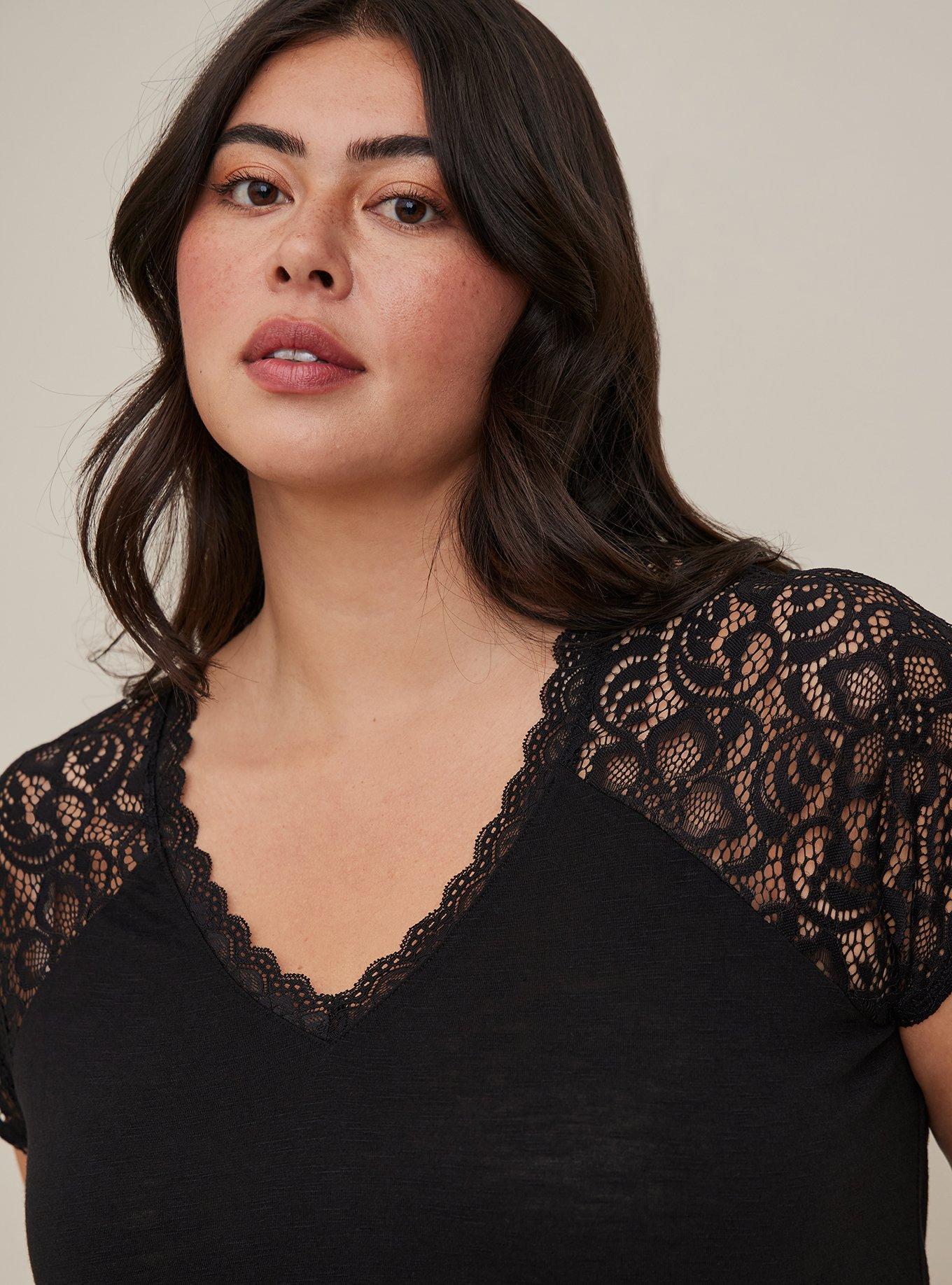 Feather Soft Slub V-Neck Raglan Lace Sleeve Tee, DEEP BLACK, alternate
