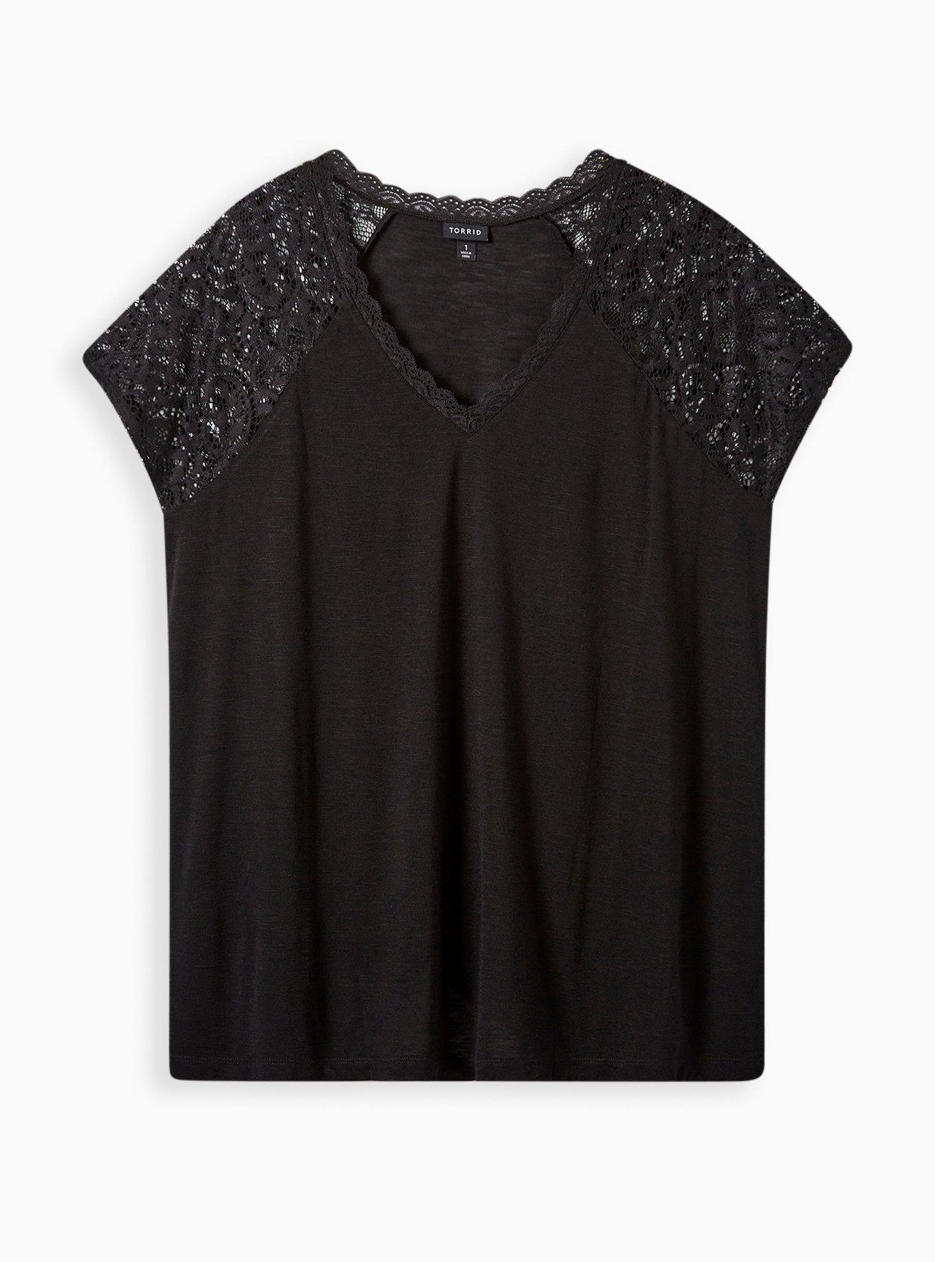 Feather Soft Slub V-Neck Raglan Lace Sleeve Tee, DEEP BLACK, hi-res
