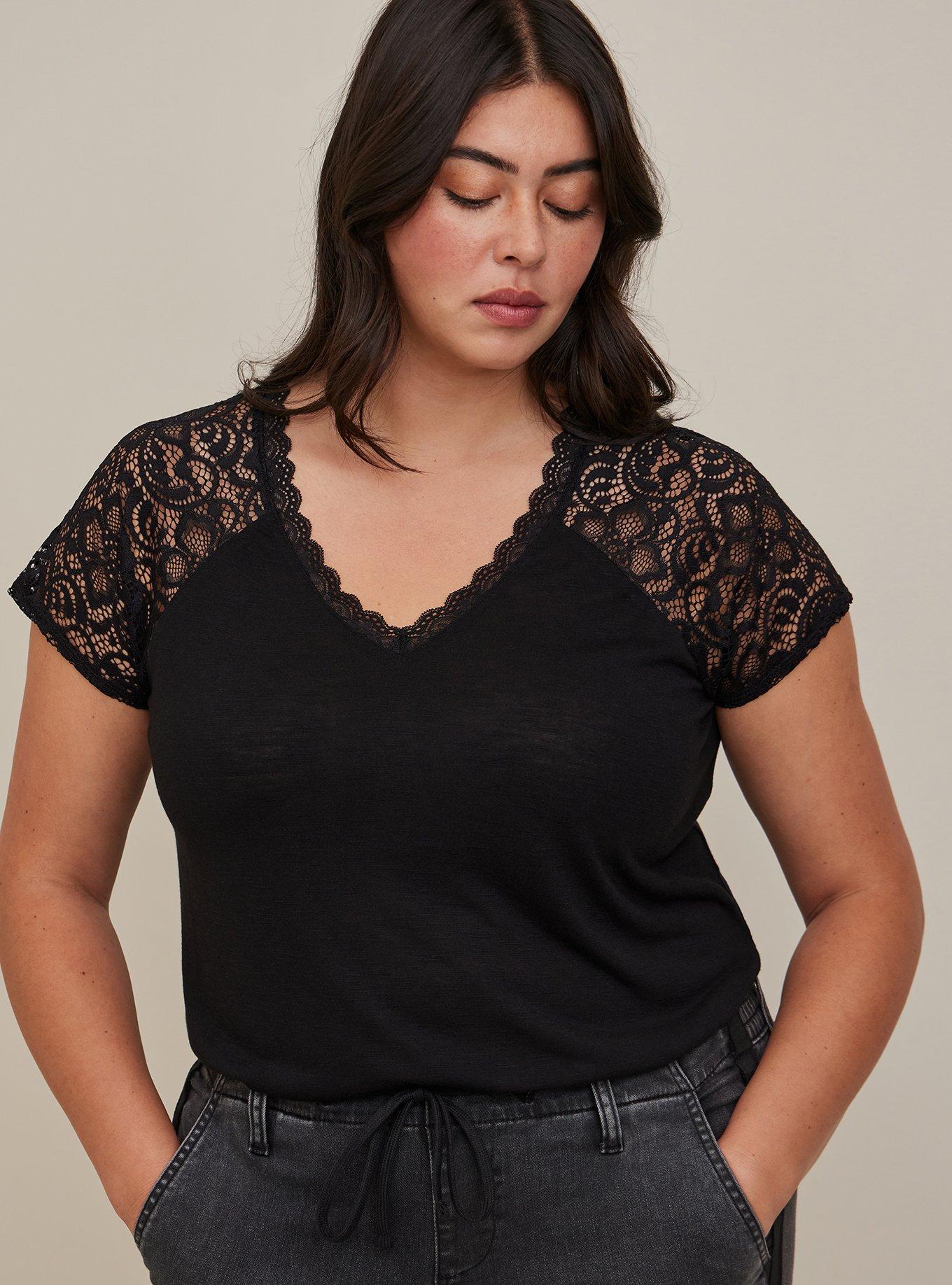 Feather Soft Slub V-Neck Raglan Lace Sleeve Tee, DEEP BLACK, hi-res