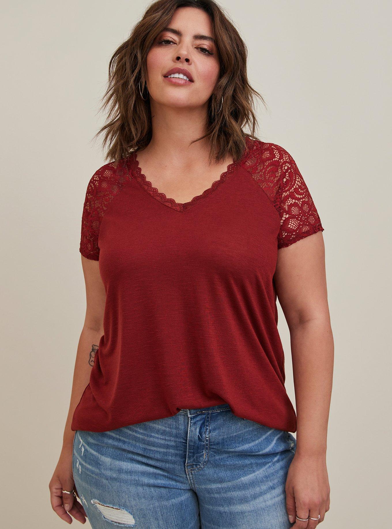Feather Soft Slub V-Neck Raglan Lace Sleeve Tee, MADDER BROWN, alternate