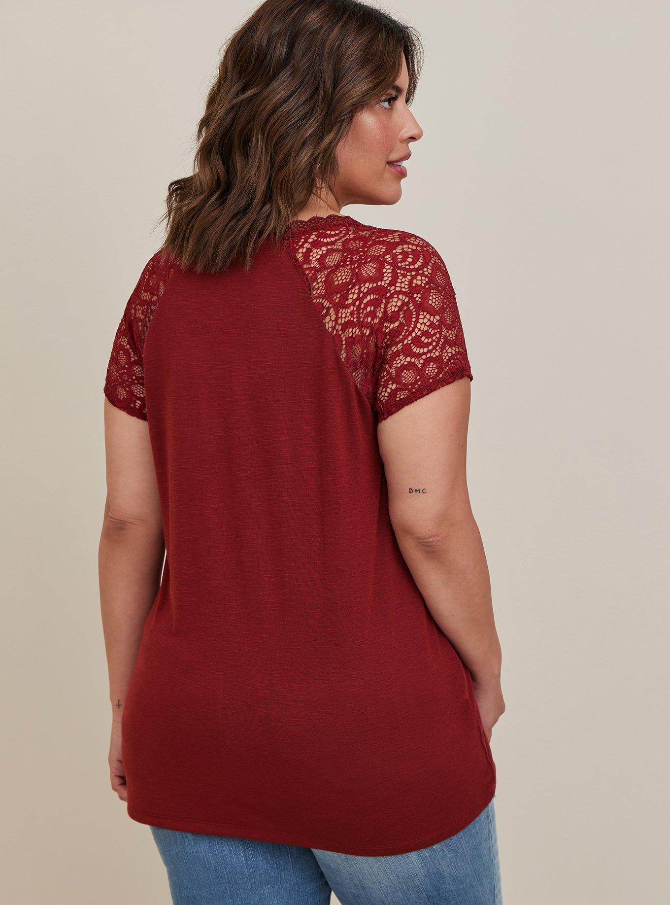 Feather Soft Slub V-Neck Raglan Lace Sleeve Tee, MADDER BROWN, alternate