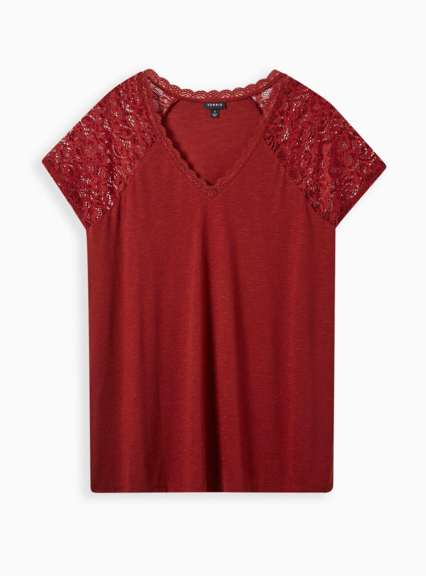 Feather Soft Slub V-Neck Raglan Lace Sleeve Tee, MADDER BROWN, hi-res