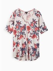 Favorite Tunic Waffle V-Neck Faux Button-Front Hilo Tee, GREY FLORAL, hi-res