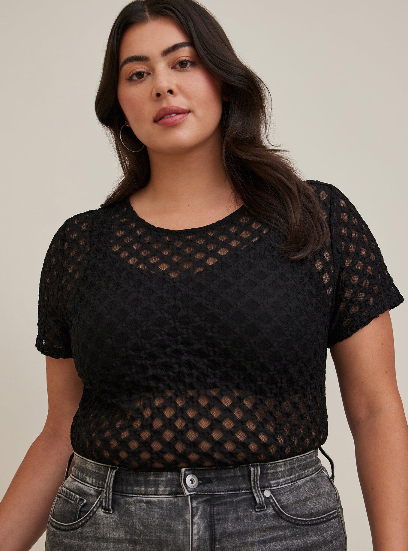 Plus Size - Sheer Geometrical Crew Neck Tee - Mesh Black - Torrid