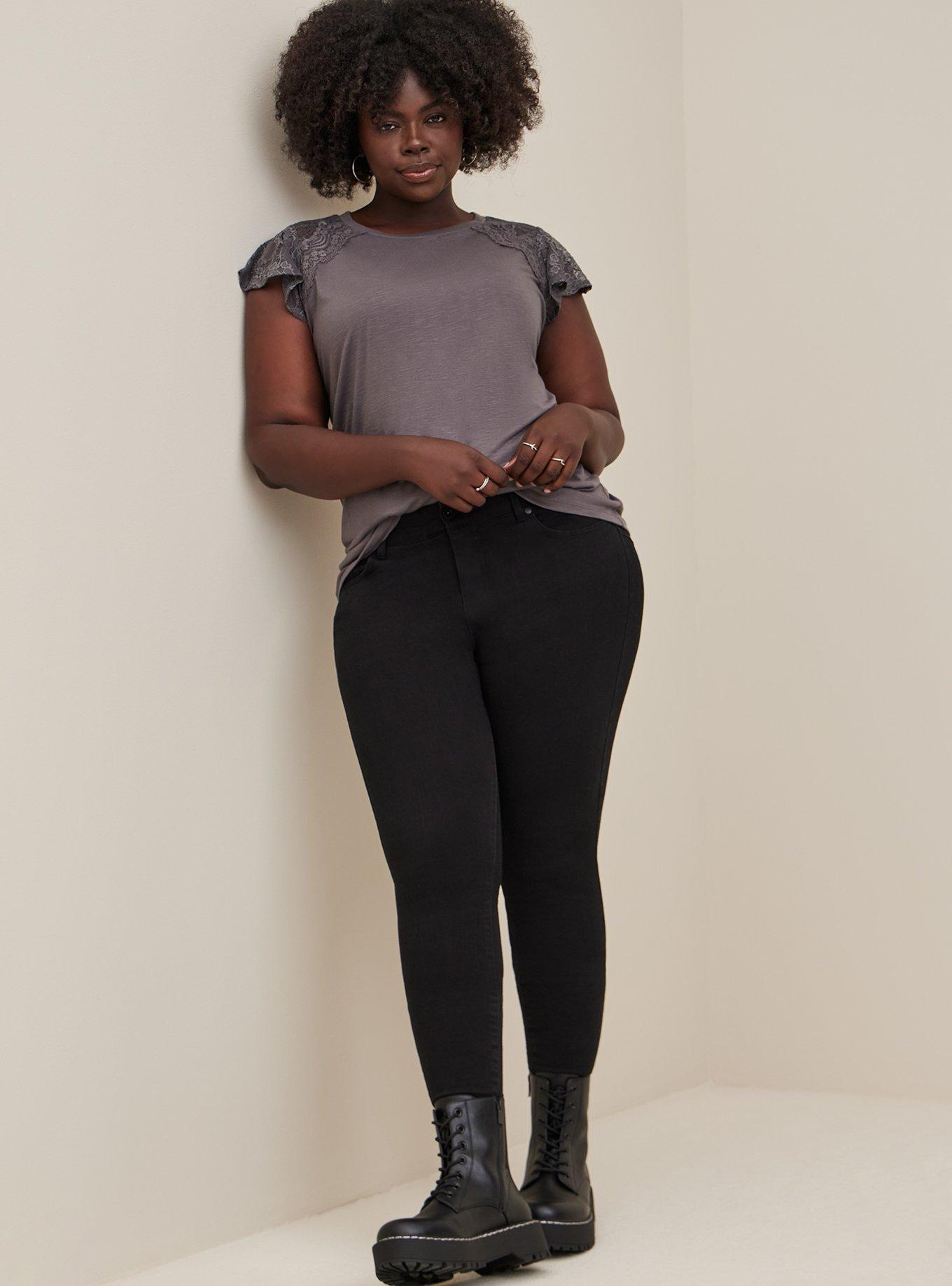 Plus Size Super Soft Crewneck Lace Flutter Sleeve Tee, GREY, alternate