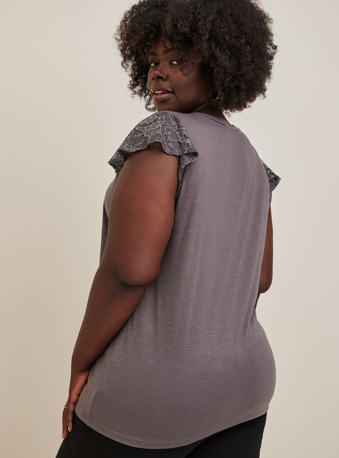Plus Size Super Soft Crewneck Lace Flutter Sleeve Tee, GREY, alternate