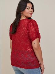 Sheer Lace Crew Neck Puff Sleeve Top, RED, alternate