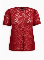 Sheer Lace Crew Neck Puff Sleeve Top, RED, hi-res