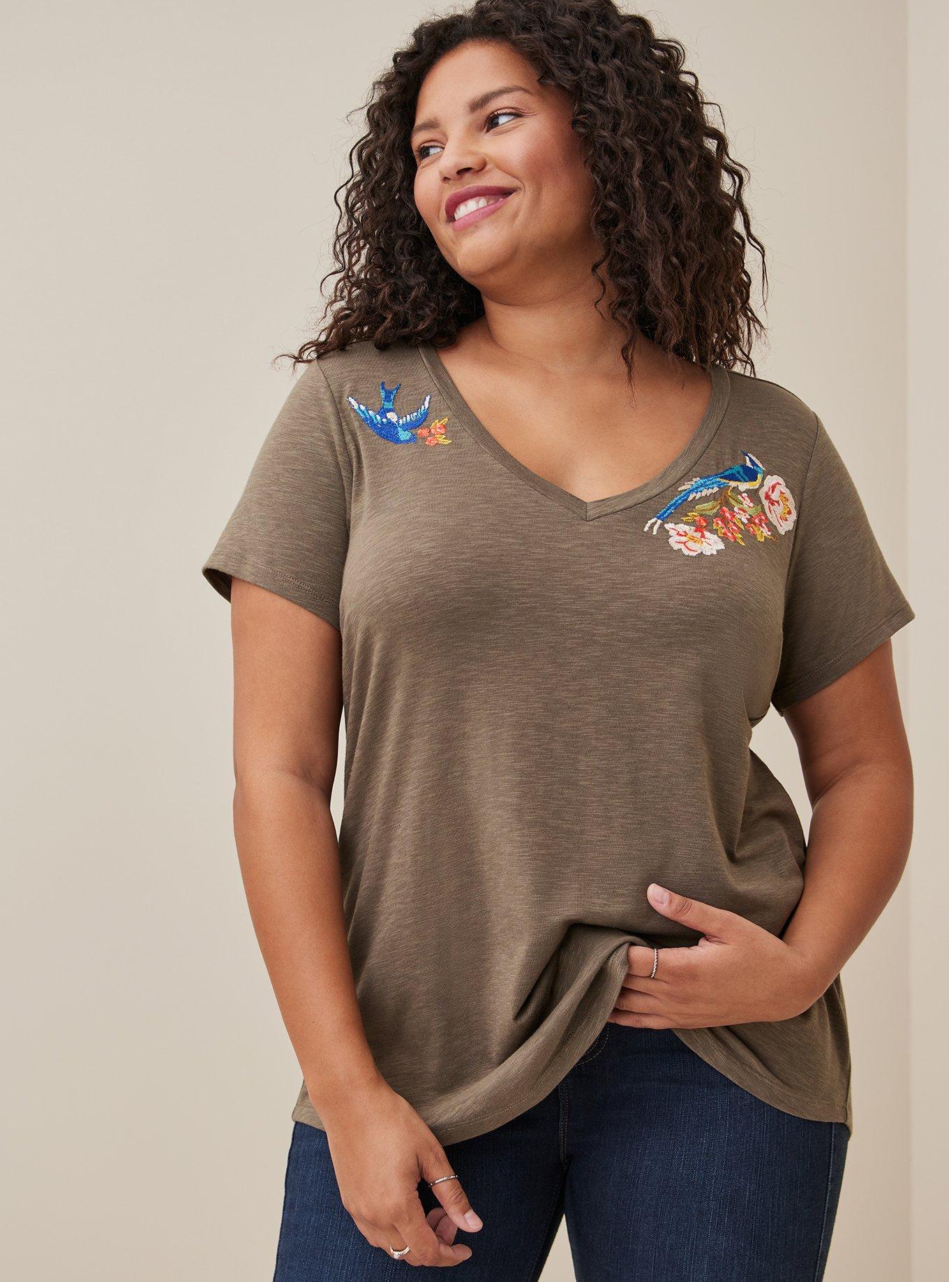 Girlfriend Tee - Super Soft Slub Sparrow Embroidery Dusty Olive, DUSTY OLIVE, alternate