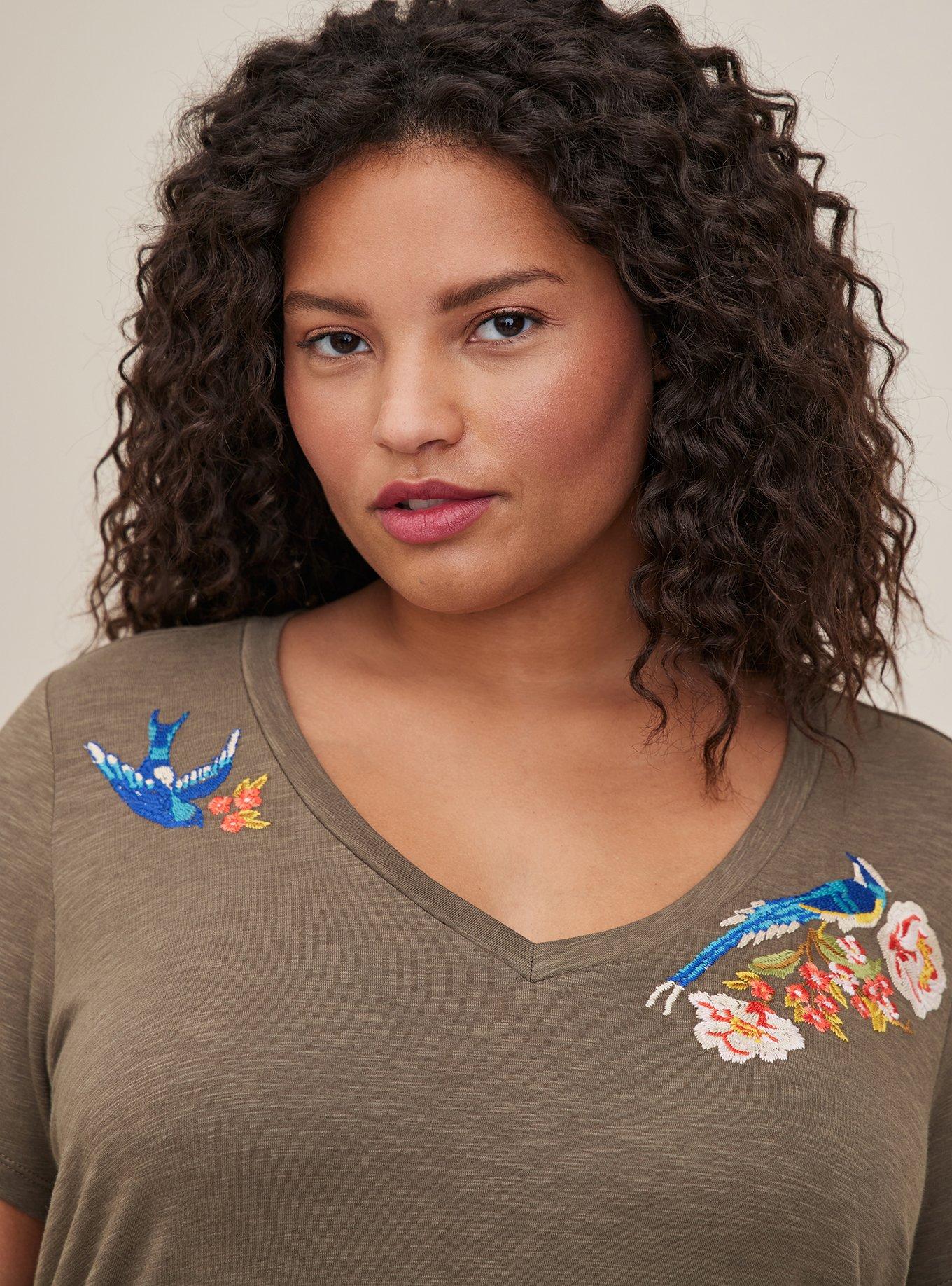 Girlfriend Tee - Super Soft Slub Sparrow Embroidery Dusty Olive, DUSTY OLIVE, alternate