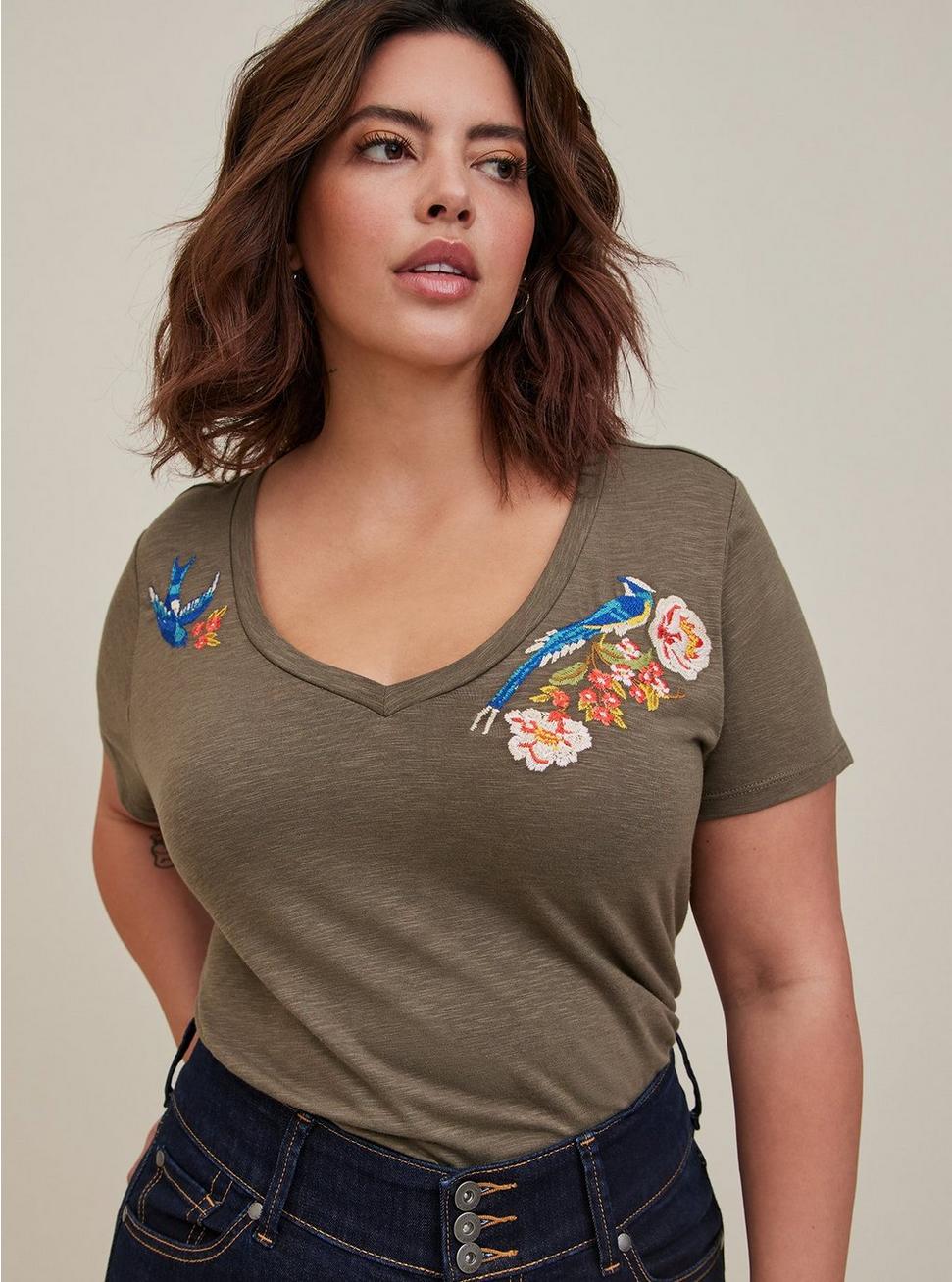 Plus Size Girlfriend Tee - Super Soft Slub Sparrow Embroidery Dusty Olive, DUSTY OLIVE, hi-res