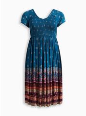 Midi Gauze Smocked Skater Dress, FLORAL BLUE, hi-res