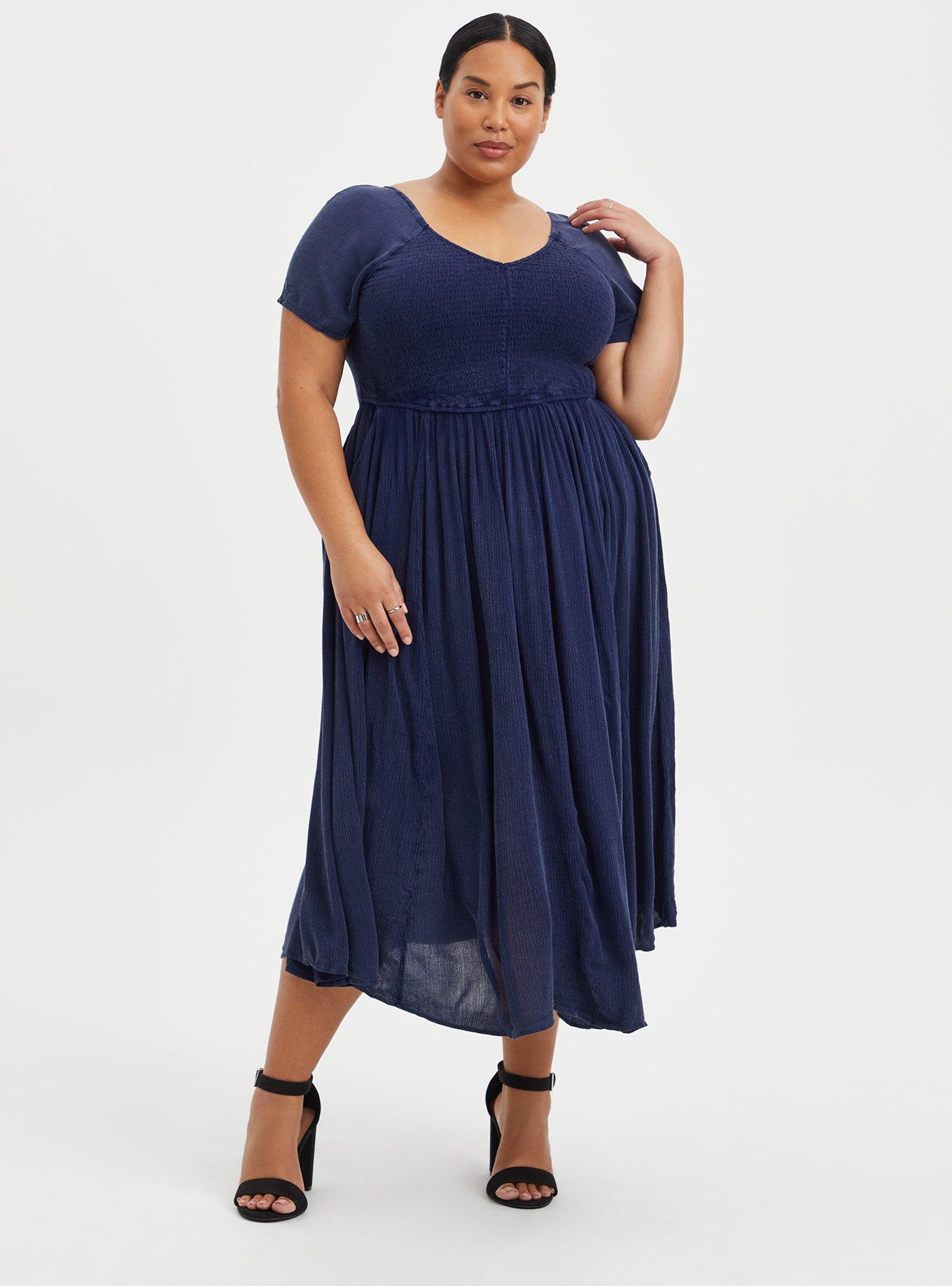 Plus Size Midi Gauze Smocked Skater Dress, TIE DYE NAVY, hi-res