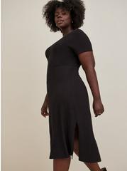 Plus Size Midi Cotton Slub Side Slit Dress, BLACK, alternate