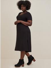 Plus Size Midi Cotton Slub Side Slit Dress, BLACK, alternate